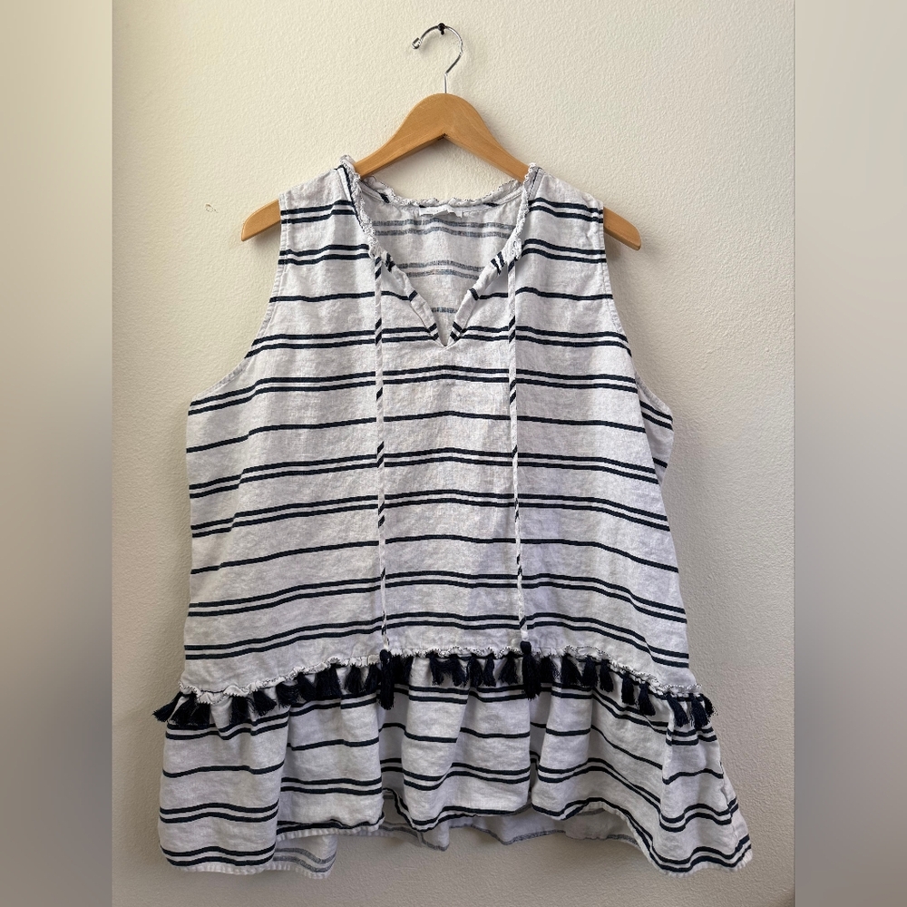 Charter Club Sleeveless Linen Top Tunic Striped White Navy Tassels‎ XXL